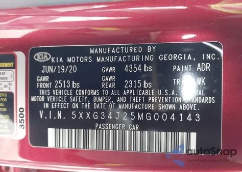 2021 Kia K5 Ex z USA, uszkodzony, nr VIN 5XXG34J25MG004143